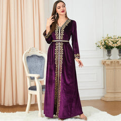 Muslim Autumn/Winter Women's Clothing Embroidered Abaya Velvet Dress 3270 - Hiychic