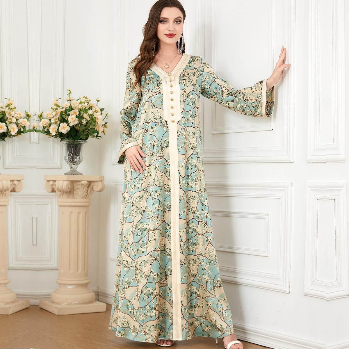 Muslim Djellaba Printed Long Sleeve Dress 3220 - Hiychic