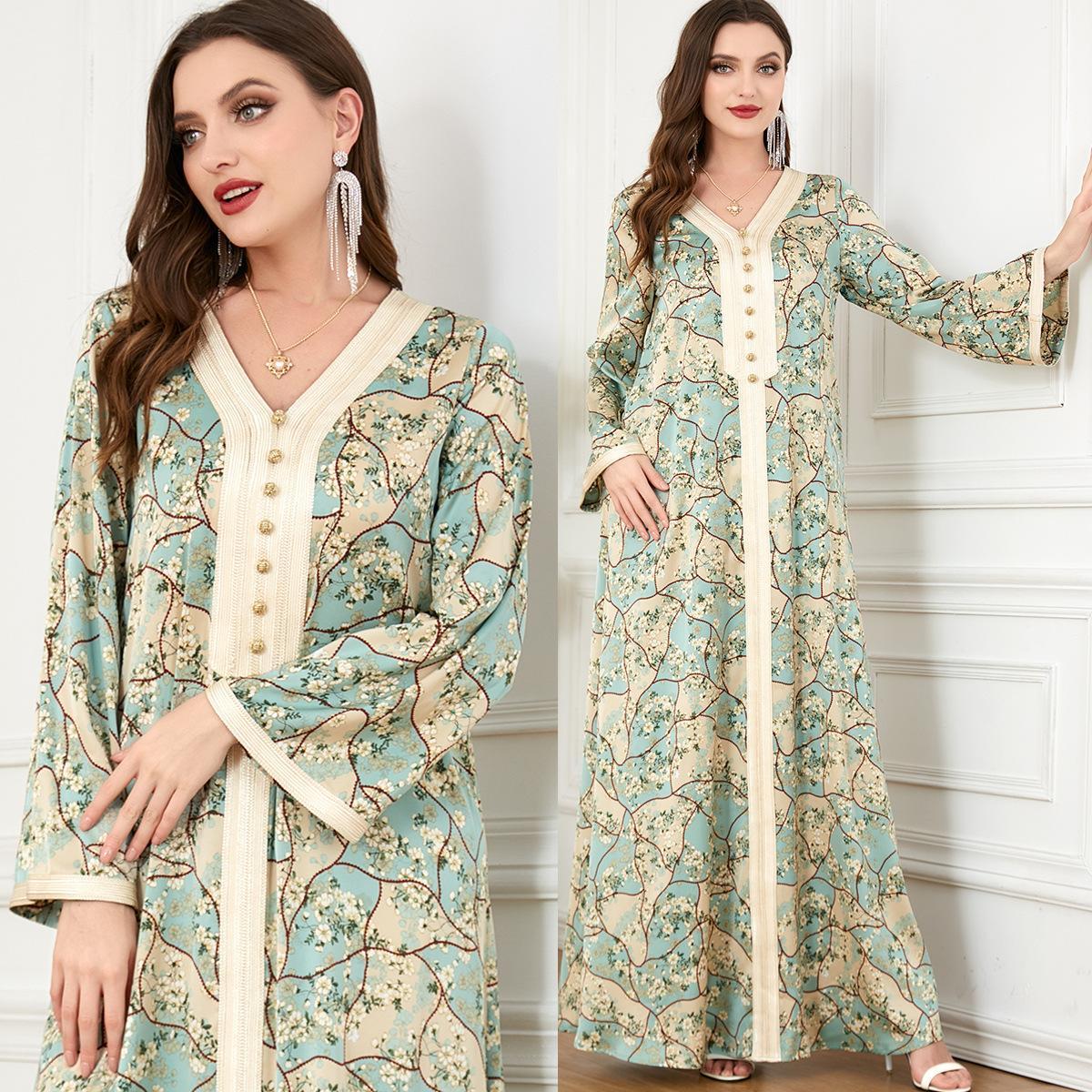 Muslim Djellaba Printed Long Sleeve Dress 3220 - Hiychic