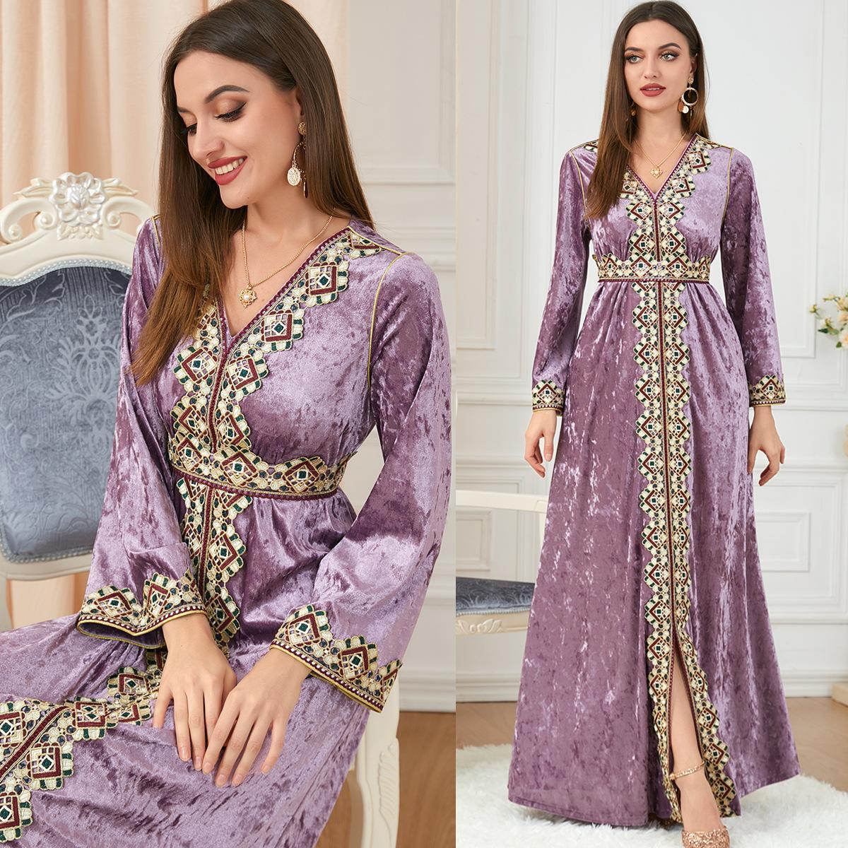 Muslim Dress Autumn and Winter Loose Slim V-neck High-End Women's Long Sleeve Pleuche Dress - Hiychic