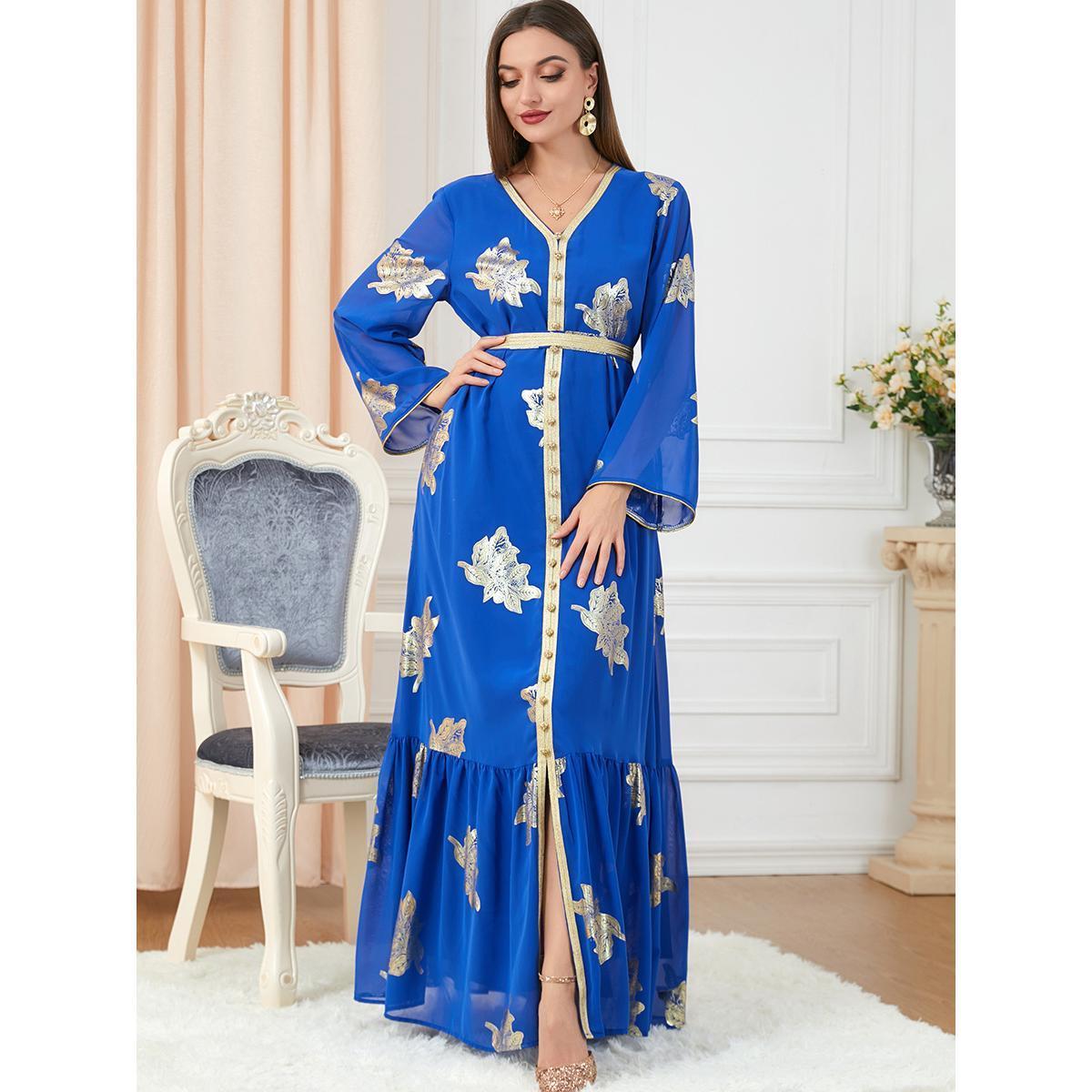 Muslim Fashion Robe V-neck Long Sleeve Bronzing Dress 3203 - Hiychic