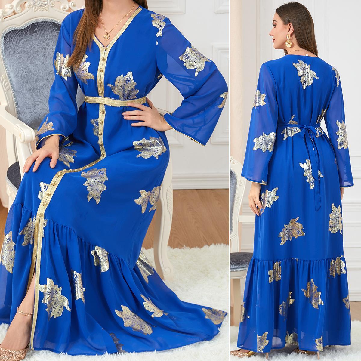 Muslim Fashion Robe V-neck Long Sleeve Bronzing Dress 3203 - Hiychic