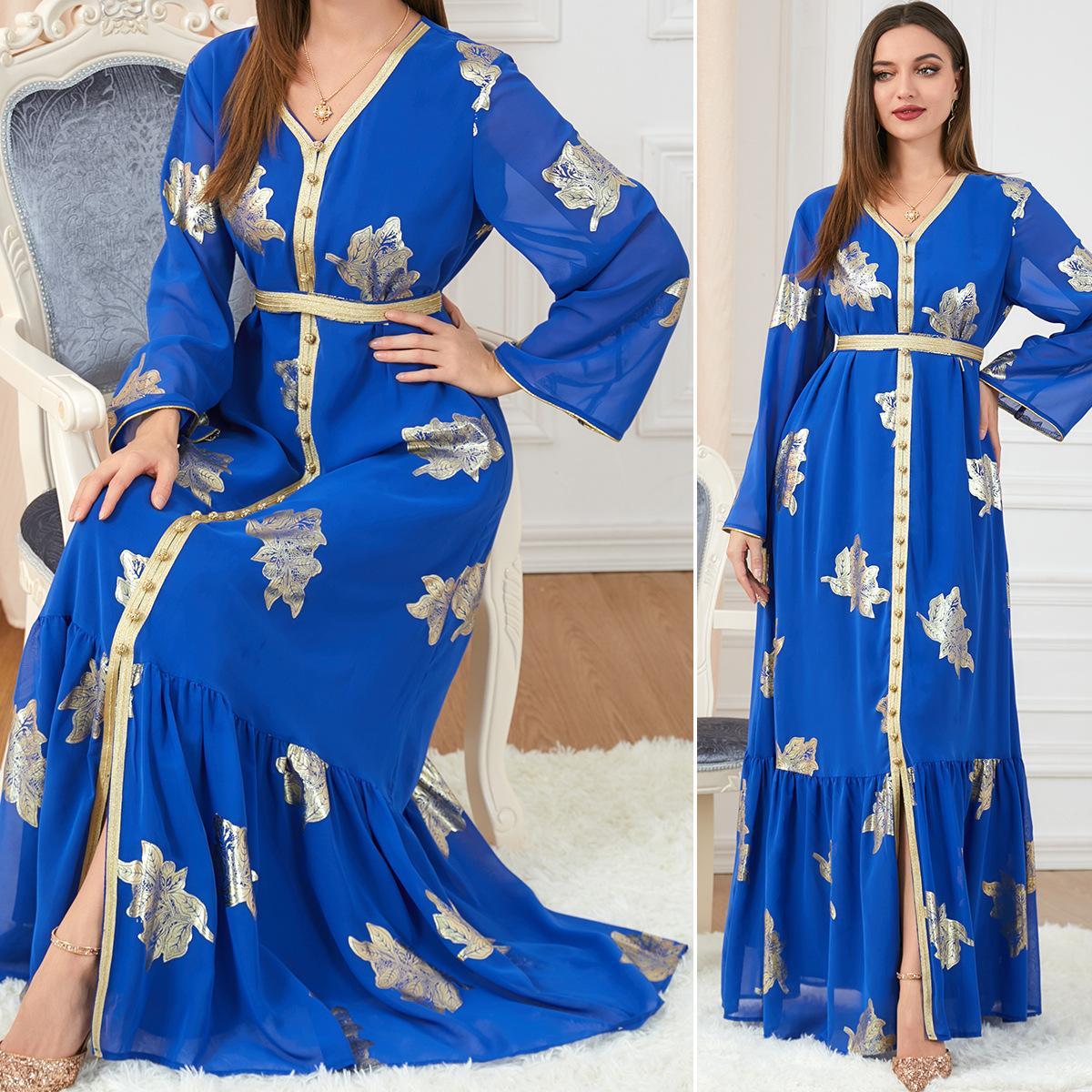 Muslim Fashion Robe V-neck Long Sleeve Bronzing Dress 3203 - Hiychic