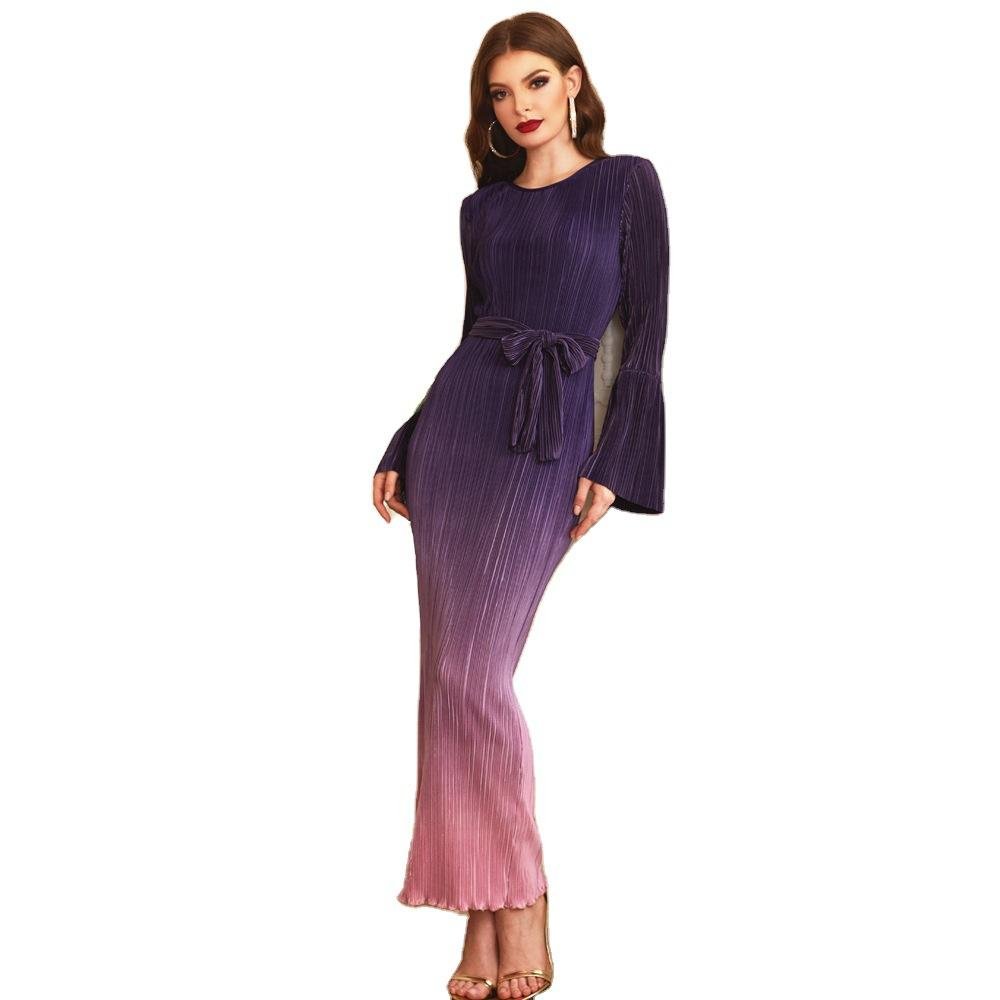 Muslim Press-pleated Gradient Oversized Stretch Slim Dress with Belt - Hiychic