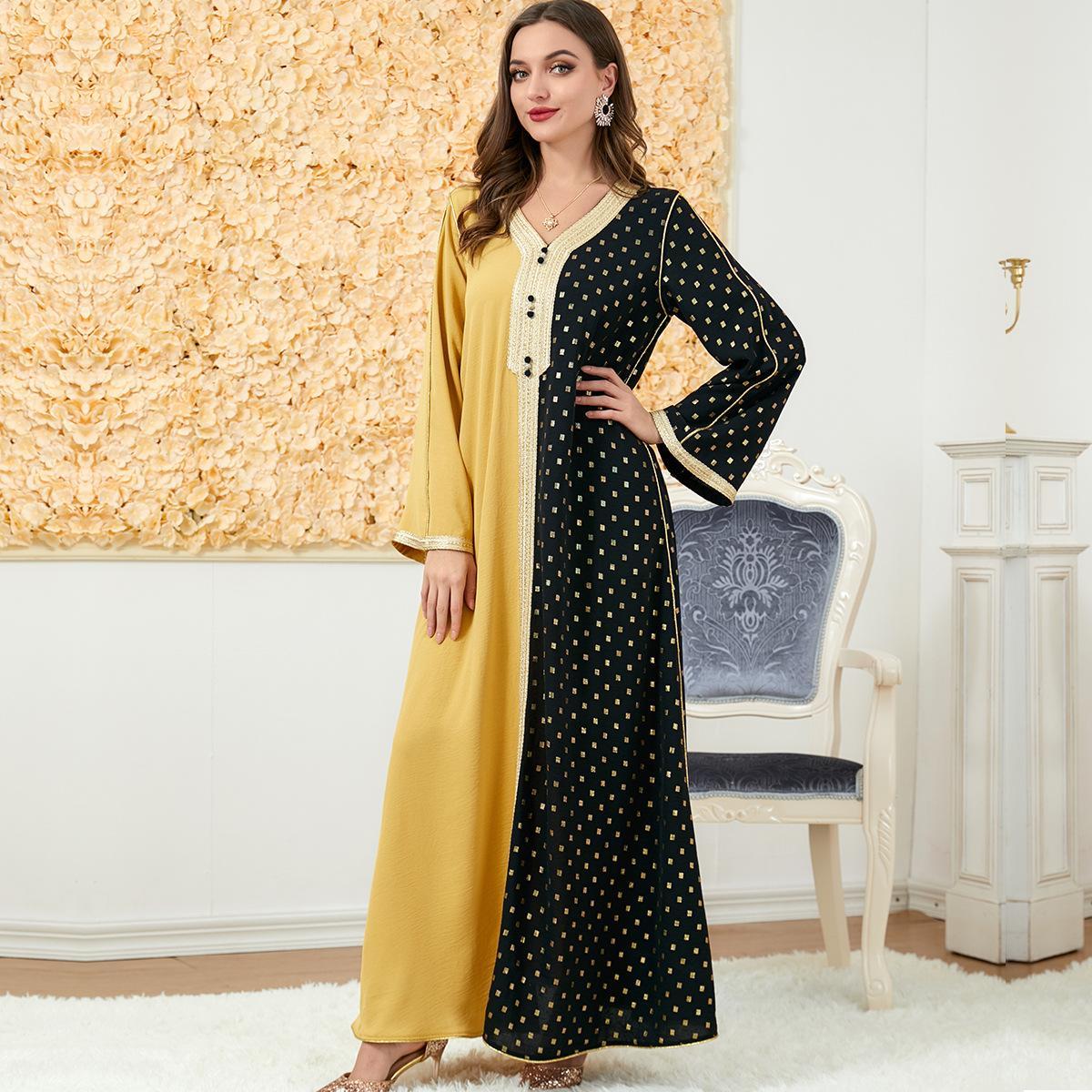 Muslim Robe Color Contrast Patchwork Loose Southeast Asian Print Women Dress 3179 - Hiychic