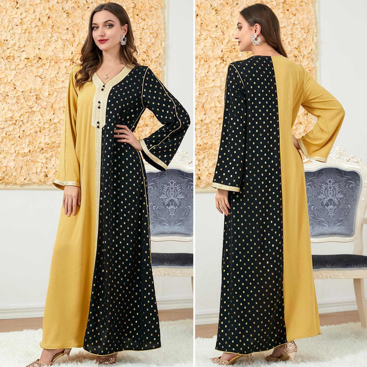 Muslim Robe Color Contrast Patchwork Loose Southeast Asian Print Women Dress 3179 - Hiychic