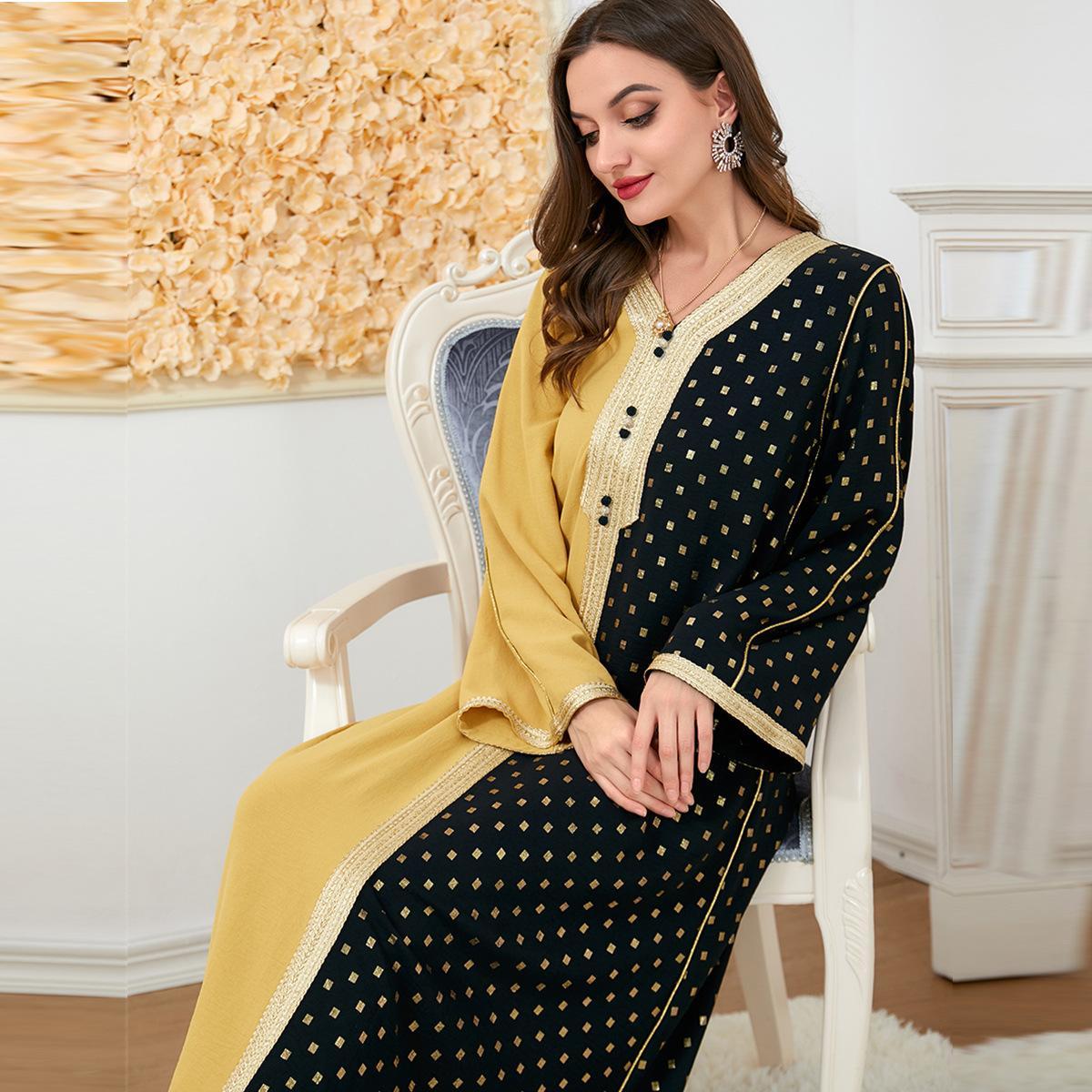 Muslim Robe Color Contrast Patchwork Loose Southeast Asian Print Women Dress 3179 - Hiychic