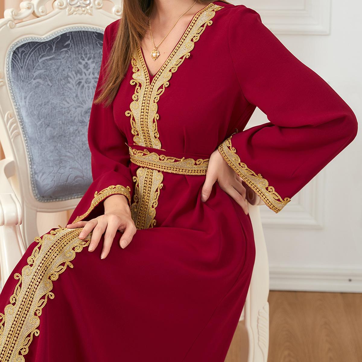Muslim Solid Color Stitching Loose Embroidered Abaya Dress 3252 - Hiychic