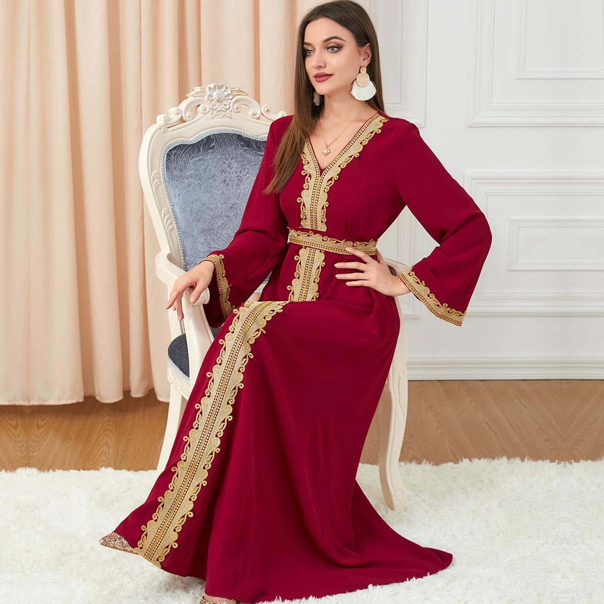 Muslim Solid Color Stitching Loose Embroidered Abaya Dress 3252 - Hiychic