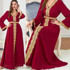 Muslim Solid Color Stitching Loose Embroidered Abaya Dress 3252 - Hiychic