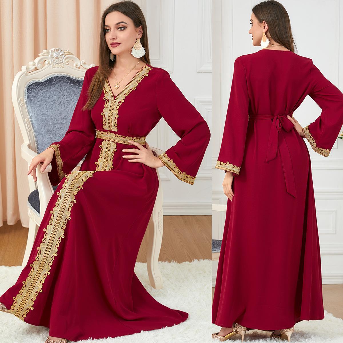 Muslim Solid Color Stitching Loose Embroidered Abaya Dress 3252 - Hiychic