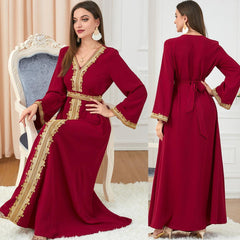 Muslim Solid Color Stitching Loose Embroidered Abaya Dress 3252 - Hiychic