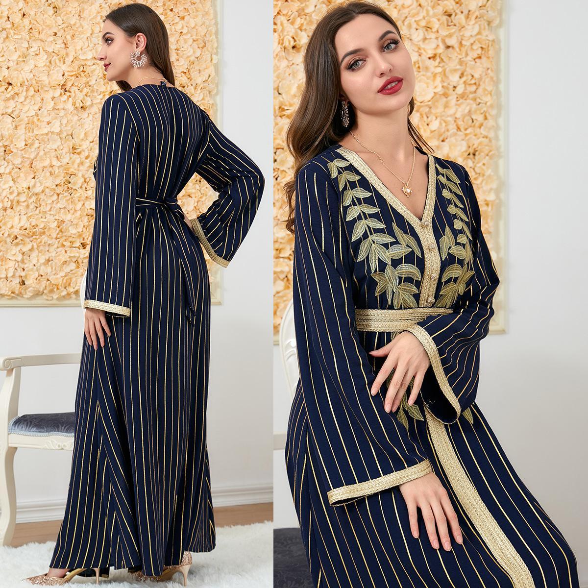 Muslim V-neck Embroidery Abaya Dress 3139 - Hiychic