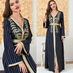 Muslim V-neck Embroidery Abaya Dress 3139 - Hiychic
