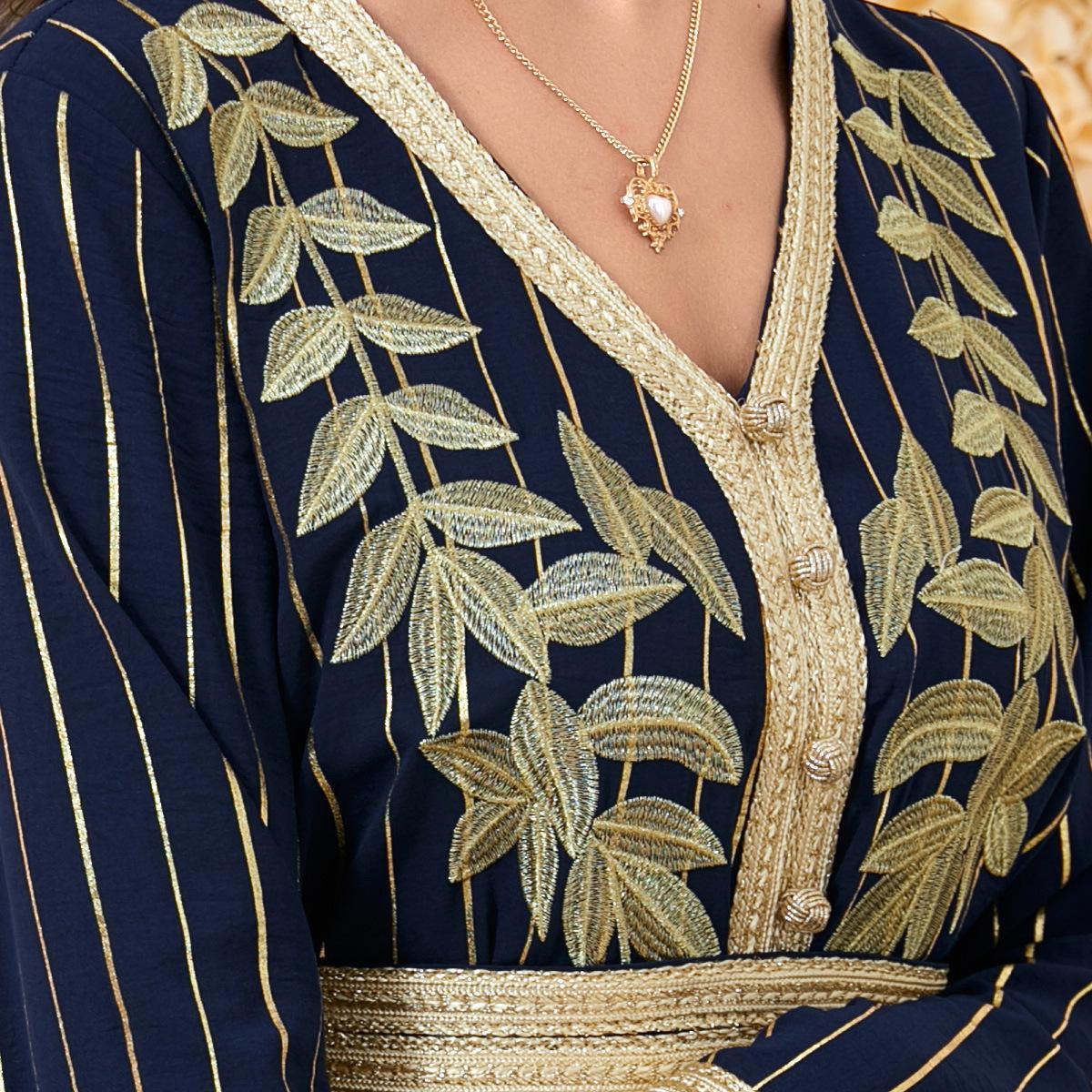 Muslim V-neck Embroidery Abaya Dress 3139 - Hiychic